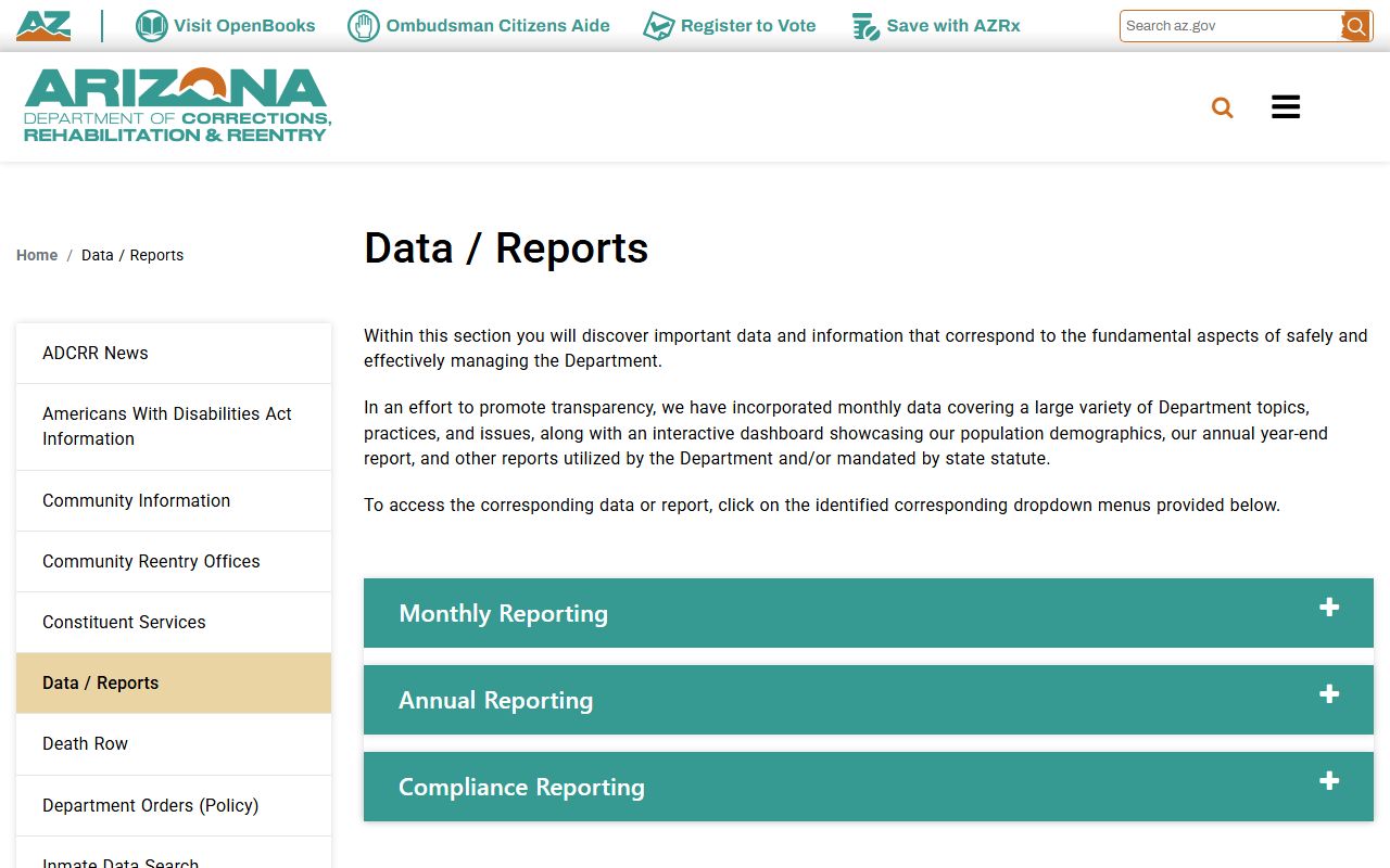 ADCRR data reports page for Arizona prison population reports