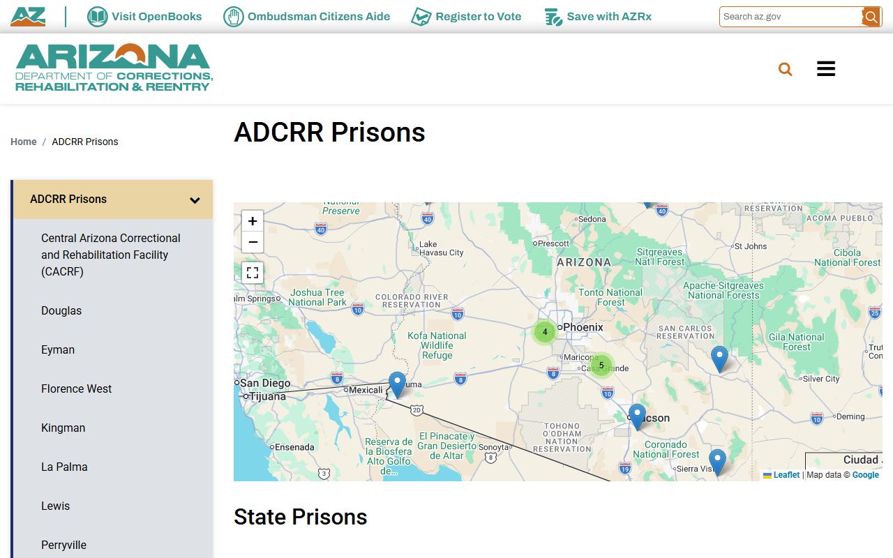 ADCRR prisons list for Arizona state and contract facilities