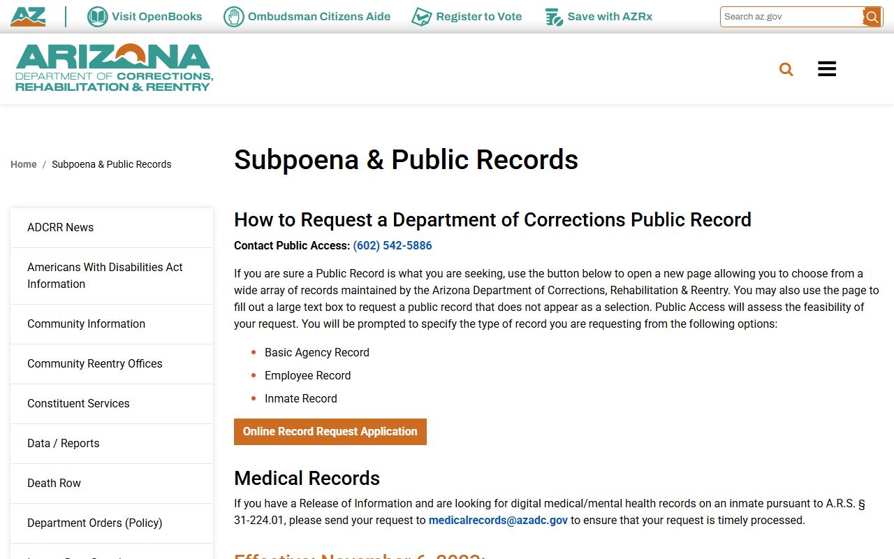 Arizona inmate records public-records request source at ADCRR