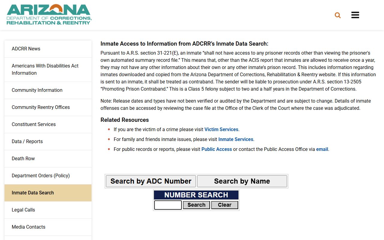 ADCRR Inmate Data Search page for sentenced Arizona prisoners