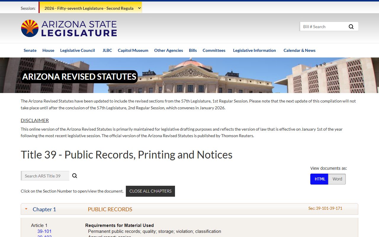 Arizona Legislature Title 39 public records statutes page