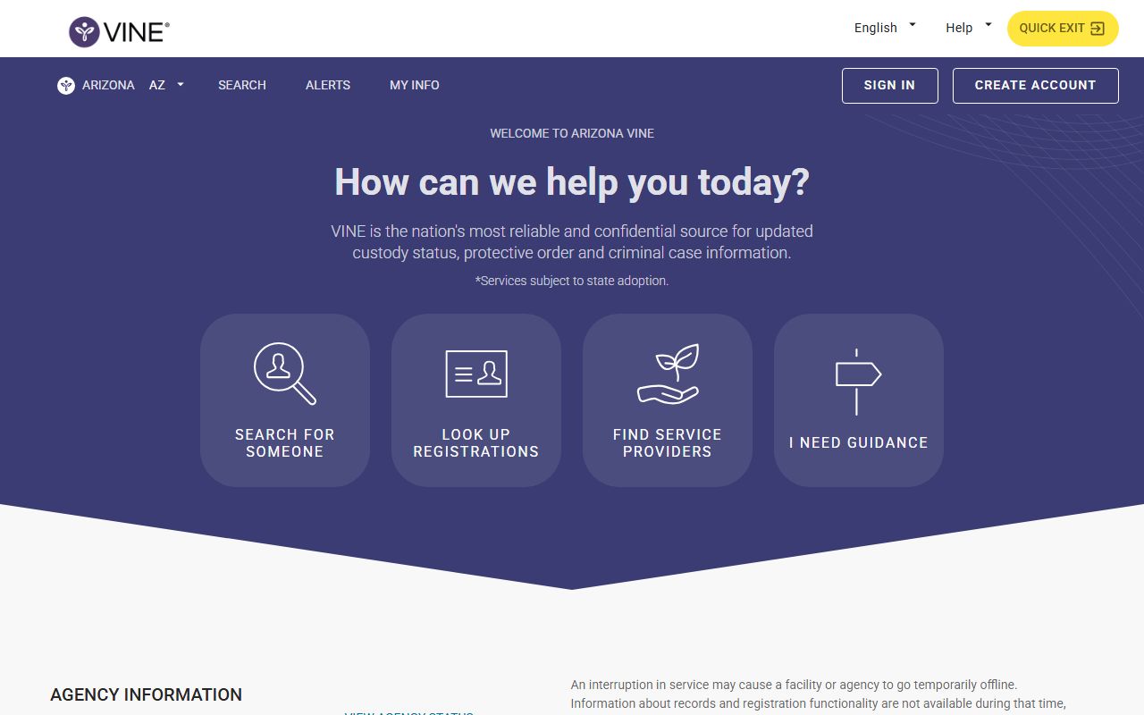 Arizona VINELink custody and case notification page
